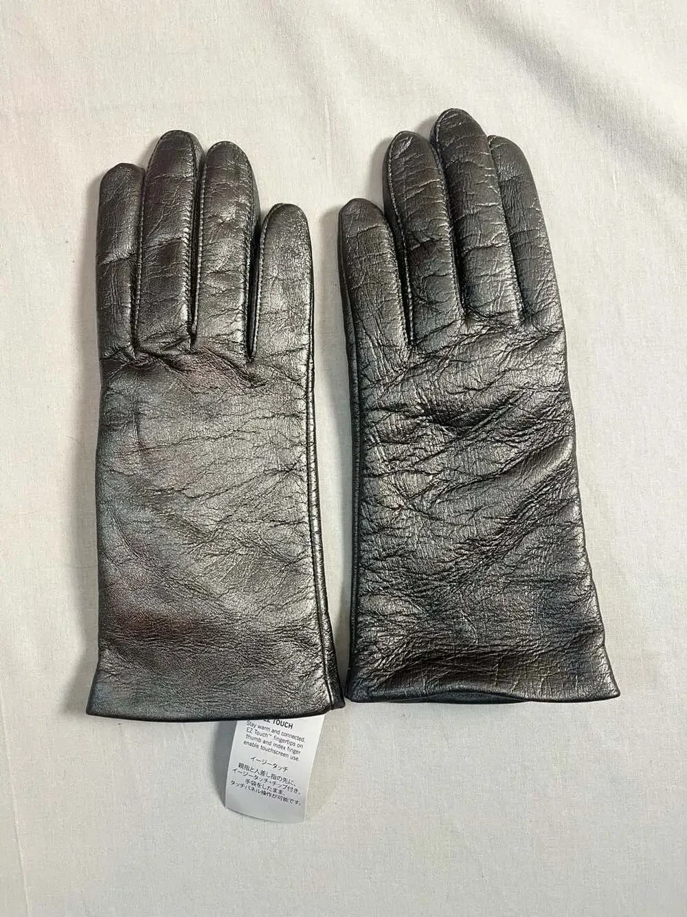 Lands' End NWT EZ Touch Leather Cashmere Lined Gloves Pewter Metallic Size L
